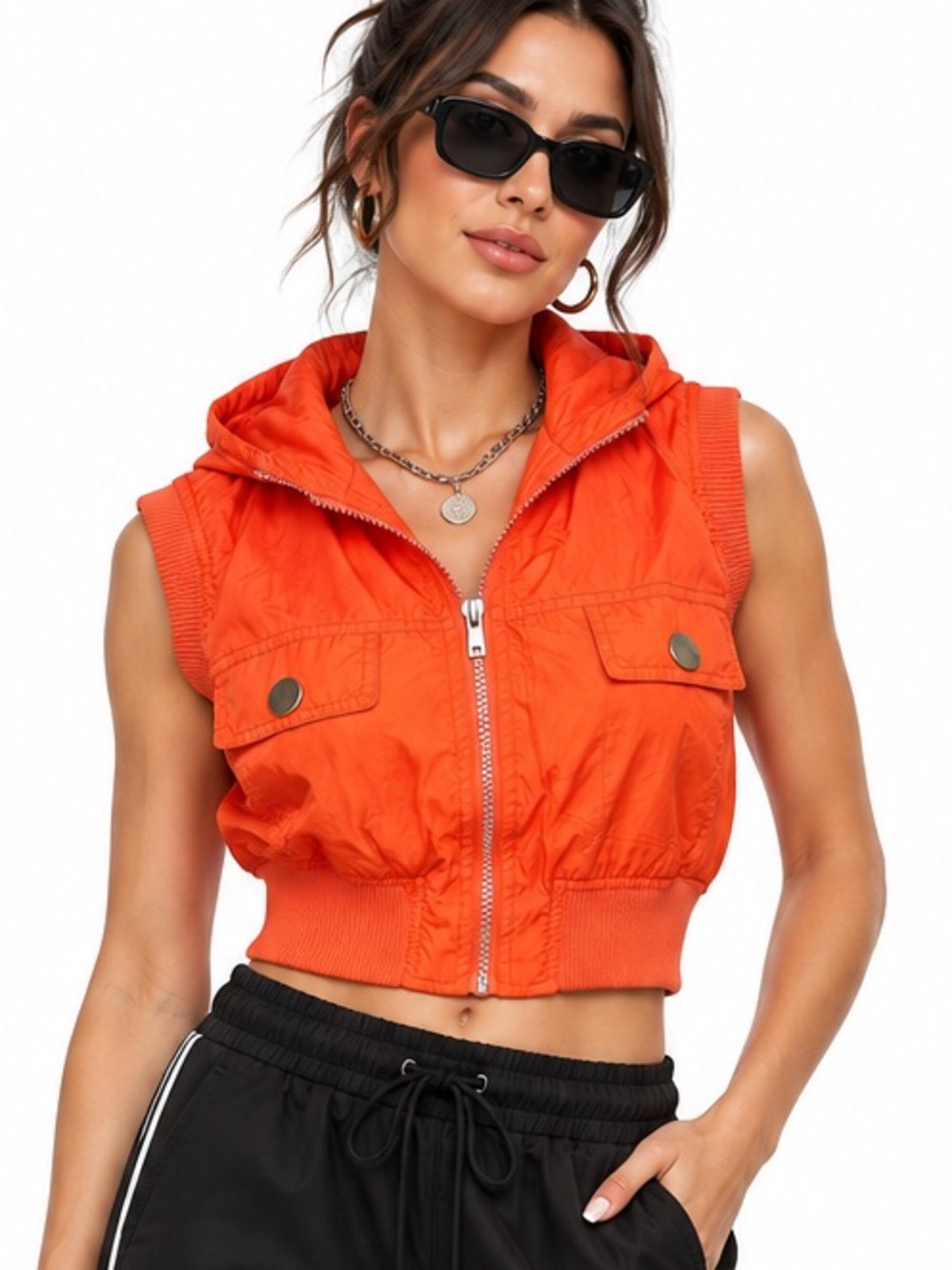 Bold Orange Quilted Cropped Streetwear Jacket Small